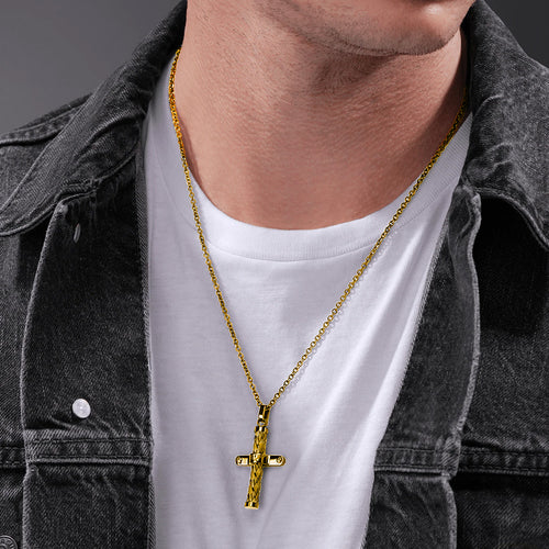 POLICE CROSSED GOLD WEAVE CROSS MEN'S NECKLACE - MODEL VIEW