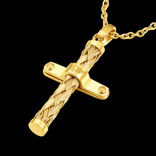 POLICE CROSSED GOLD WEAVE CROSS MEN'S NECKLACE