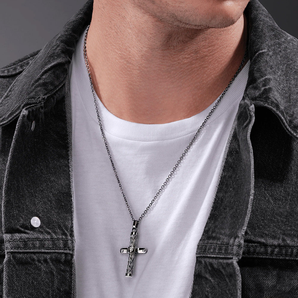 POLICE CROSSED WEAVE CROSS MEN'S NECKLACE - MODEL VIEW