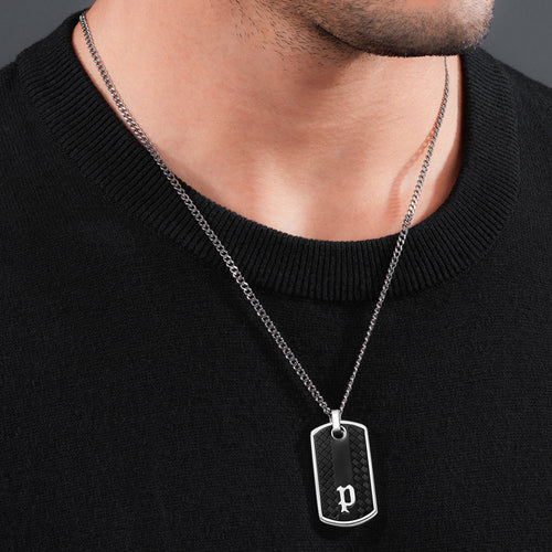 POLICE HANG BLACK TEXTURED DOG TAG MEN'S NECKLACE - MODEL VIEW