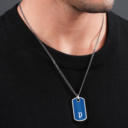 POLICE HANG BLUE TEXTURED DOG TAG MEN'S NECKLACE - MODEL VIEW