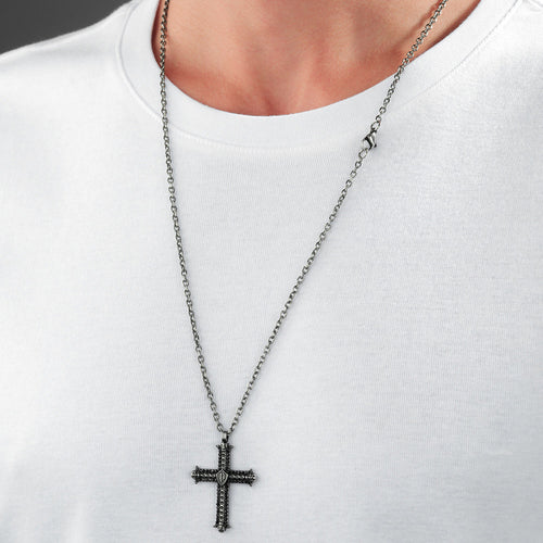 POLICE WHIZ ANTIQUE SKULL GUNMETAL CZ CROSS MEN'S NECKLACE - MODEL VIEW