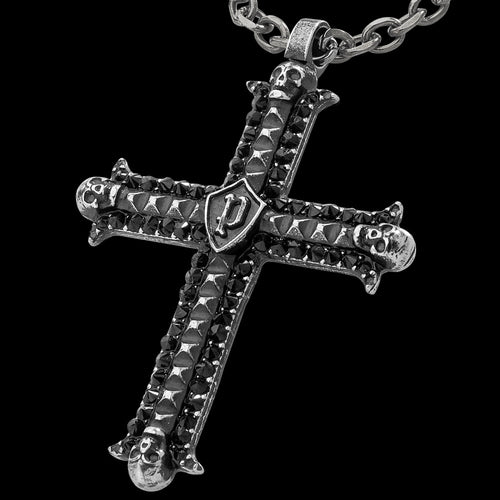 POLICE WHIZ ANTIQUE SKULL GUNMETAL CZ CROSS MEN'S NECKLACE