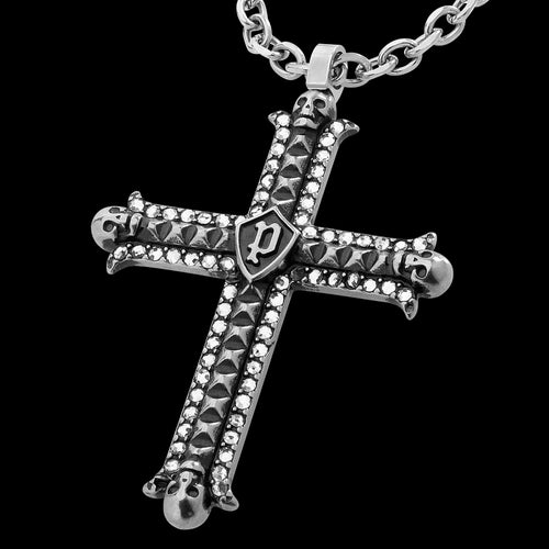 POLICE WHIZ ANTIQUE SKULL CZ CROSS MEN'S NECKLACE