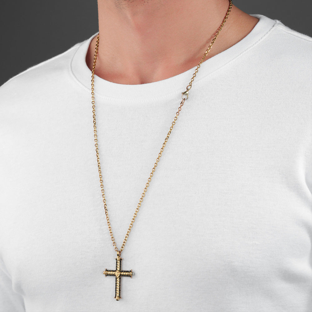 POLICE WHIZ ANTIQUE SKULL GOLD CZ CROSS MEN'S NECKLACE - MODEL VIEW