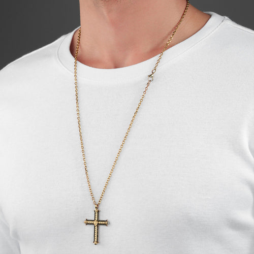 POLICE WHIZ ANTIQUE SKULL GOLD CZ CROSS MEN'S NECKLACE - MODEL VIEW