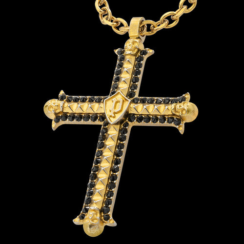 POLICE WHIZ ANTIQUE SKULL GOLD CZ CROSS MEN'S NECKLACE