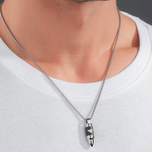 Man wearing Police Carbon Fibre Bullet Necklace