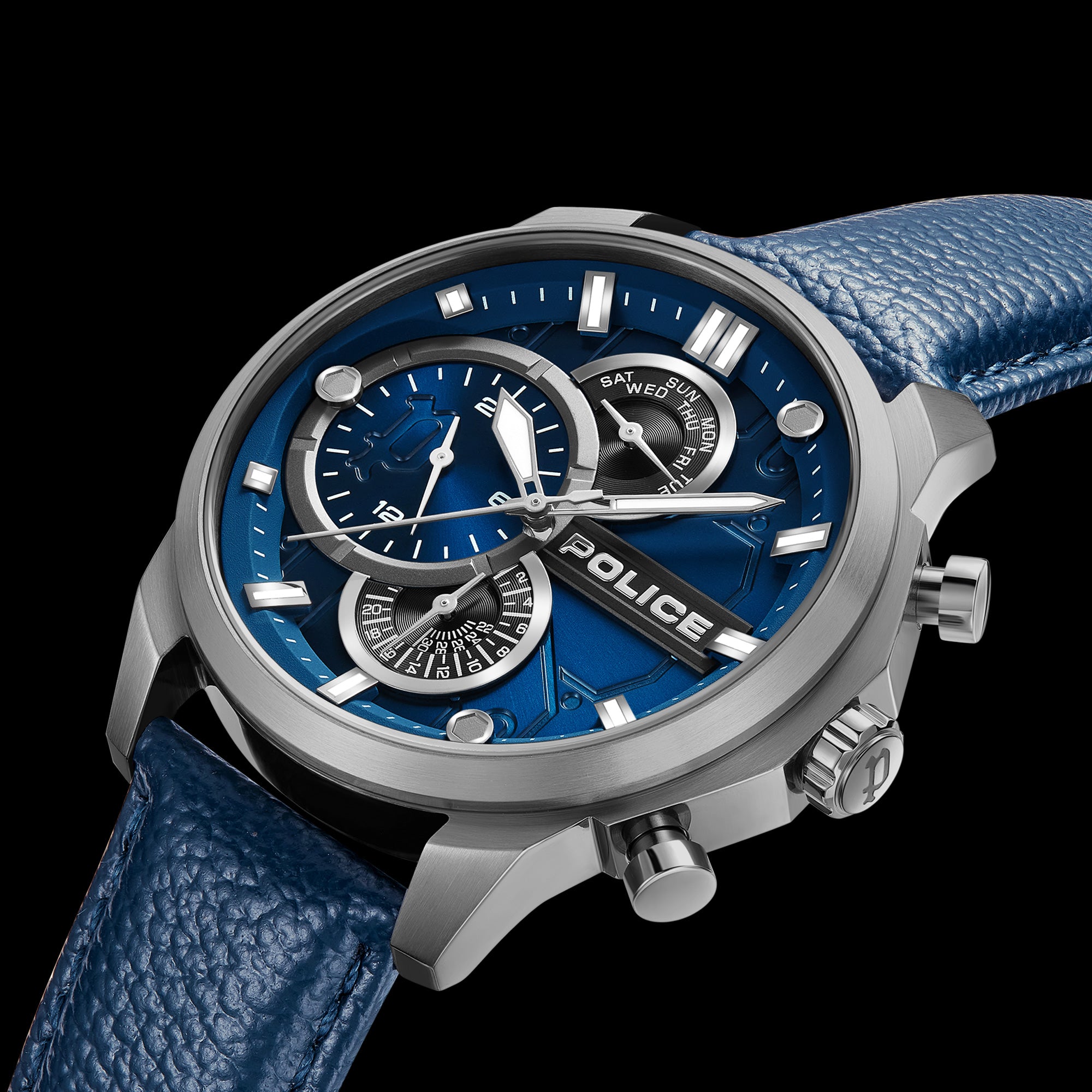 Side View Police Reactor Blue Leather Men's Watch