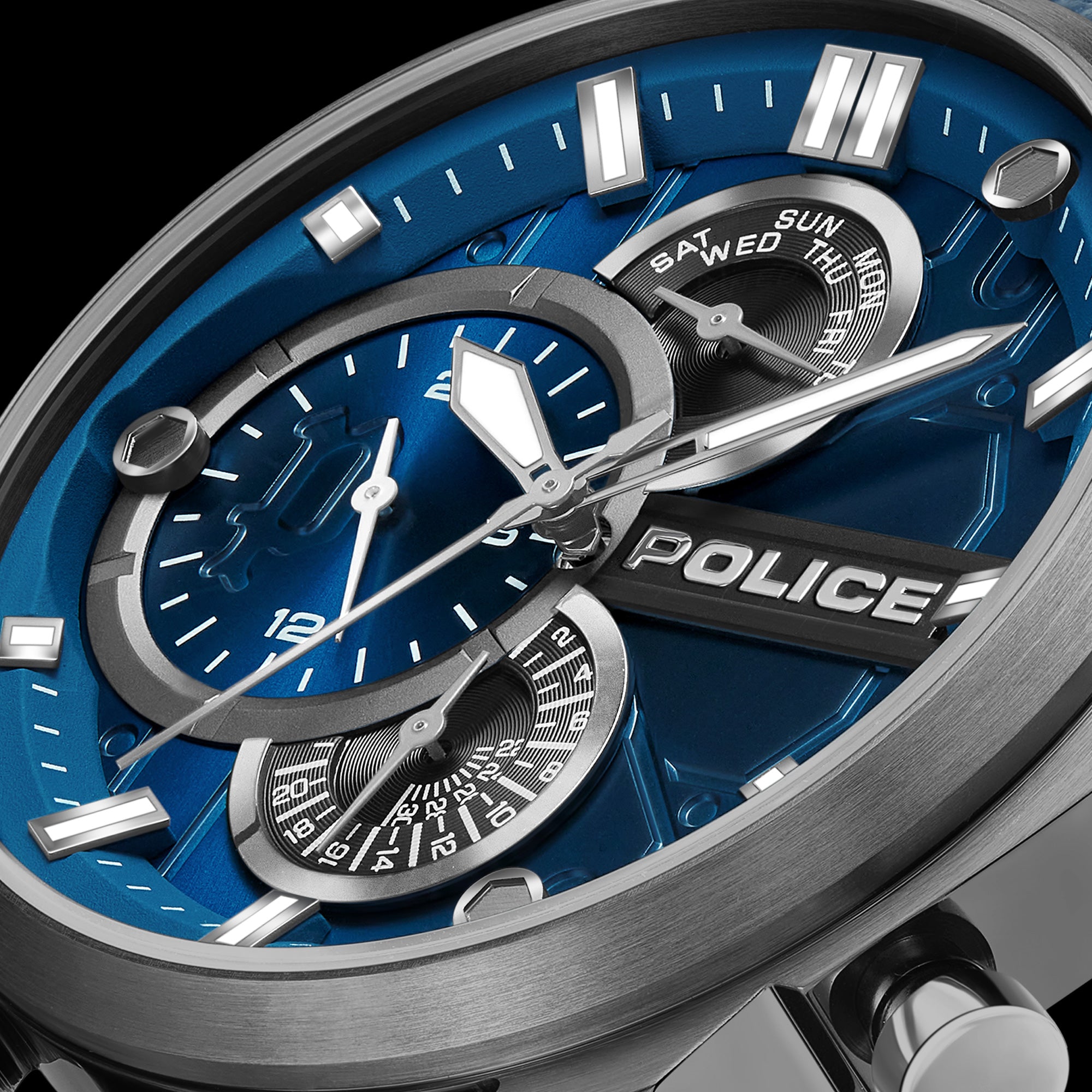 Dial Close-Up Police Reactor Blue Leather Men's Watch