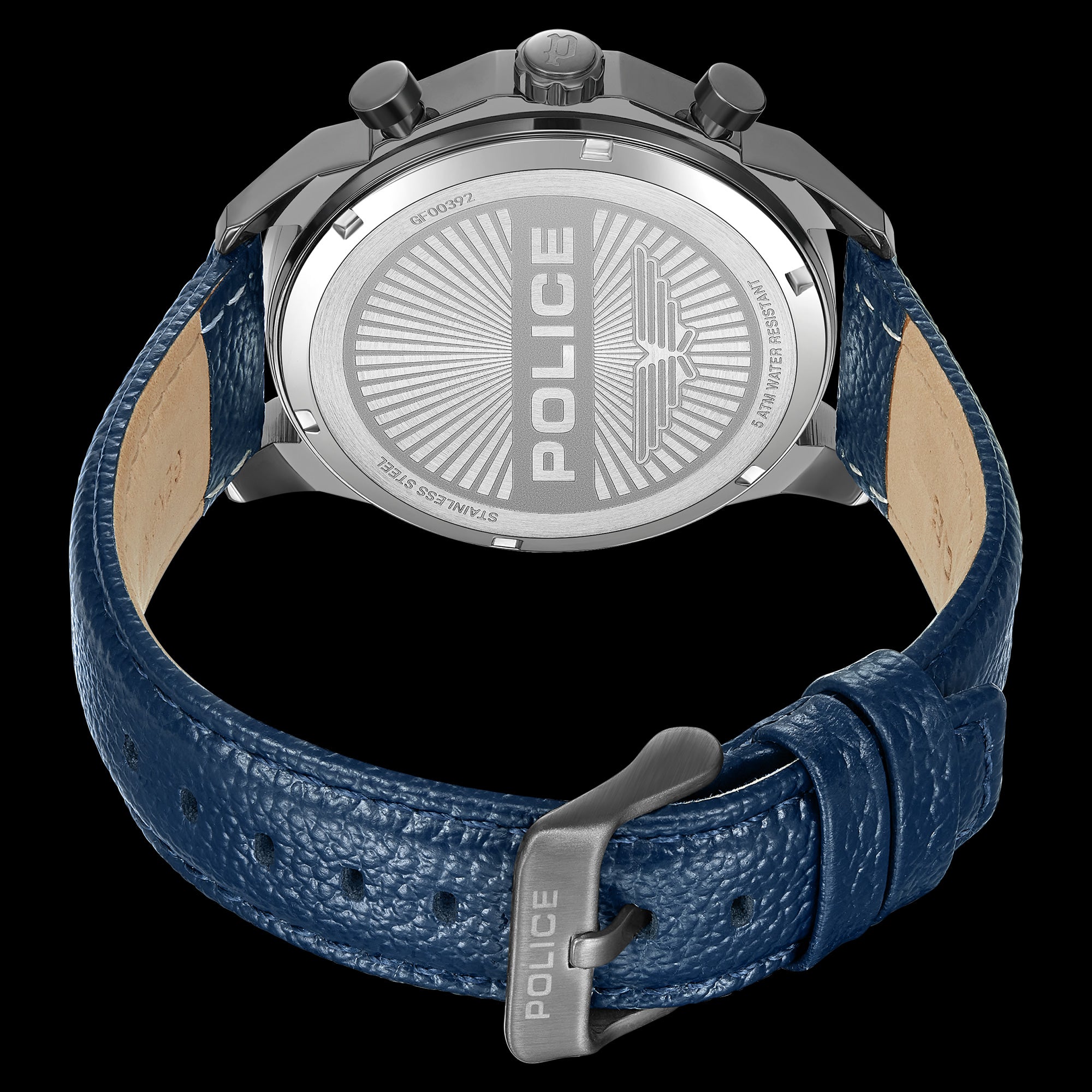 Back View Police Reactor Blue Leather Men's Watch