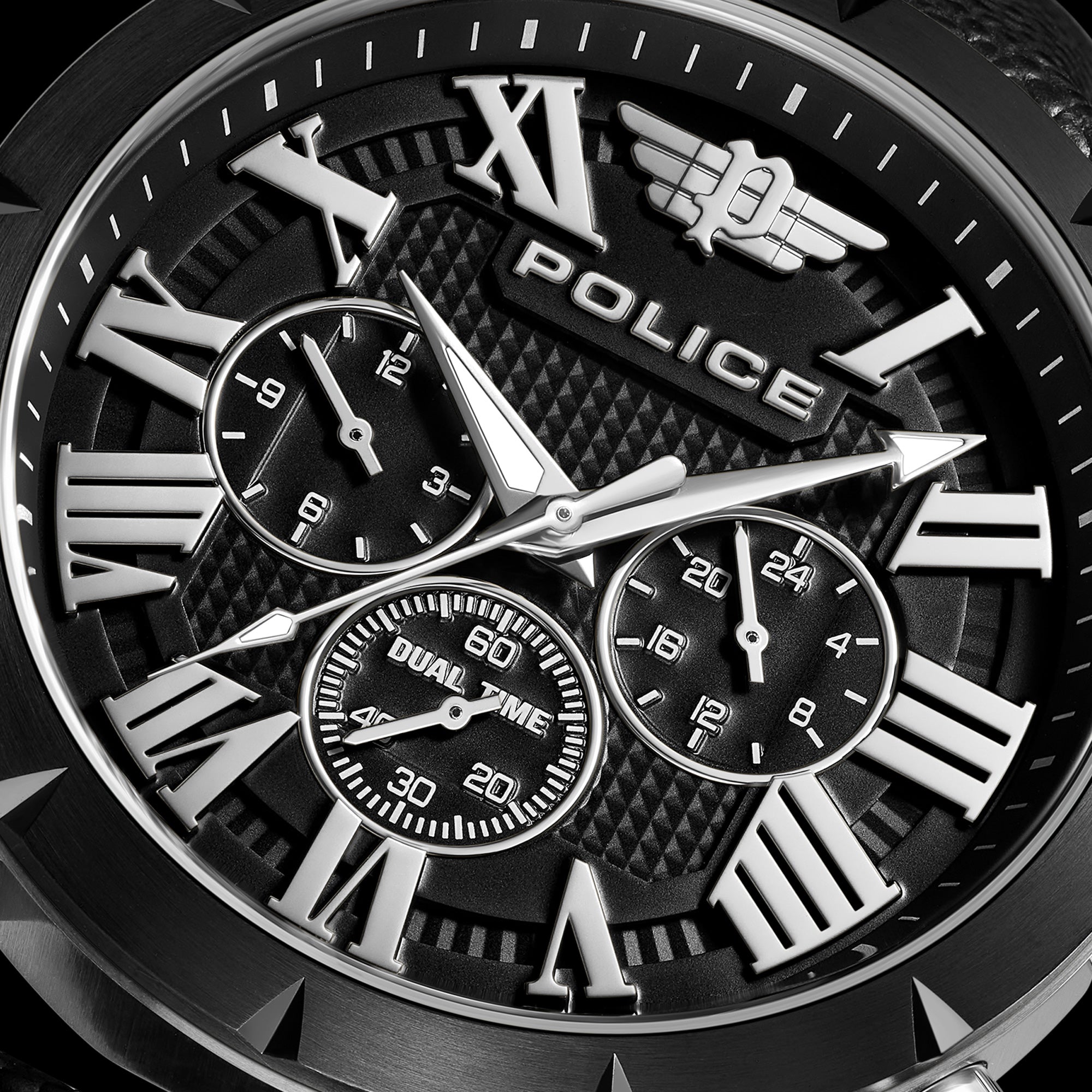 Dial Close-Up Police Roman Black Dual Time Men's Watch