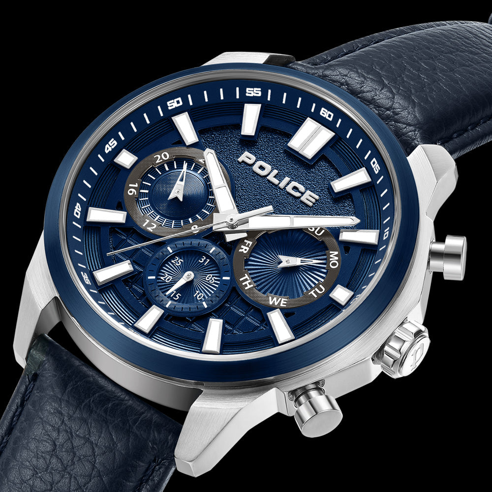 POLICE RANGY BLUE DIAL LEATHER MEN'S WATCH - ANGLE VIEW