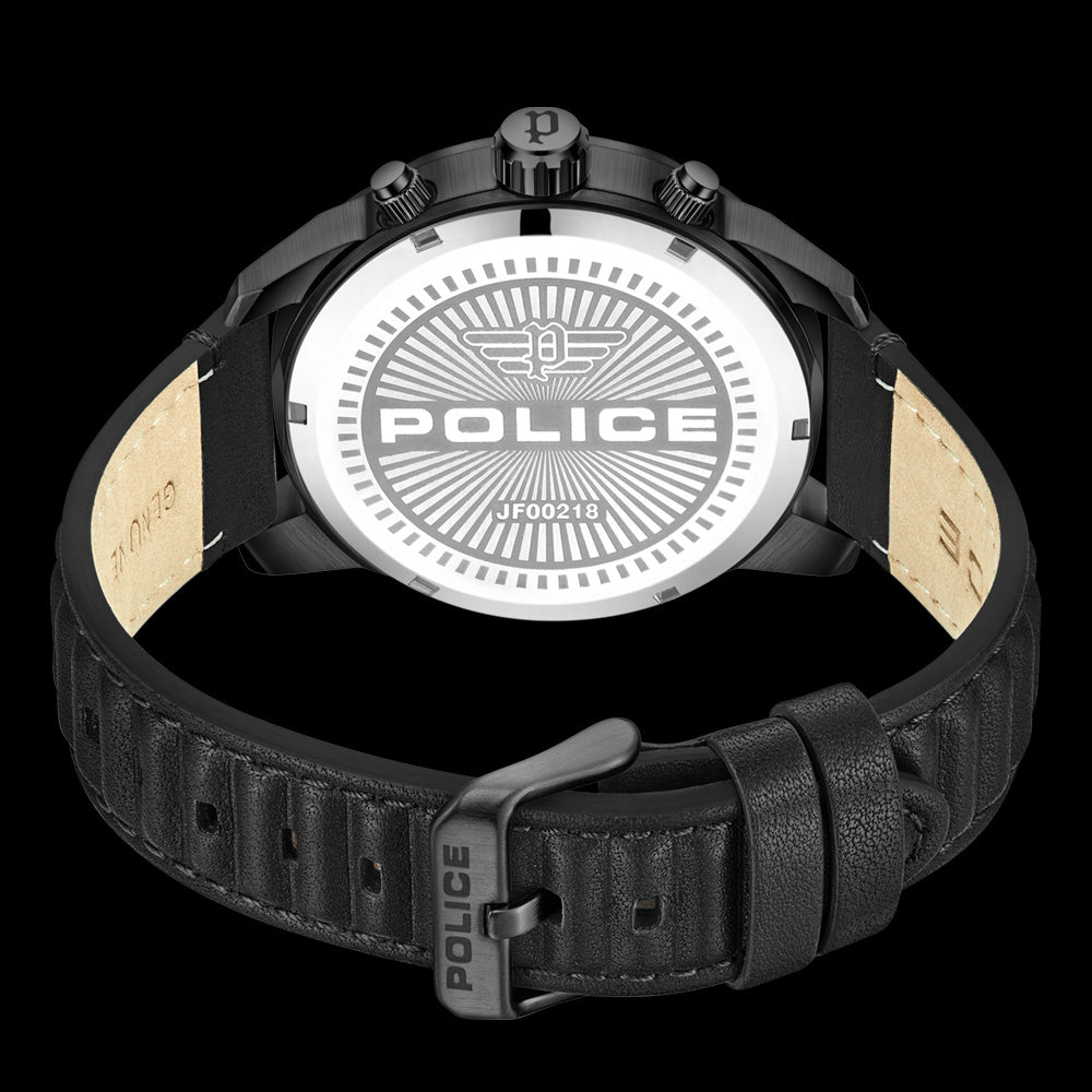 POLICE NEIST GREY DIAL BLACK LEATHER MEN'S WATCH - BACK VIEW