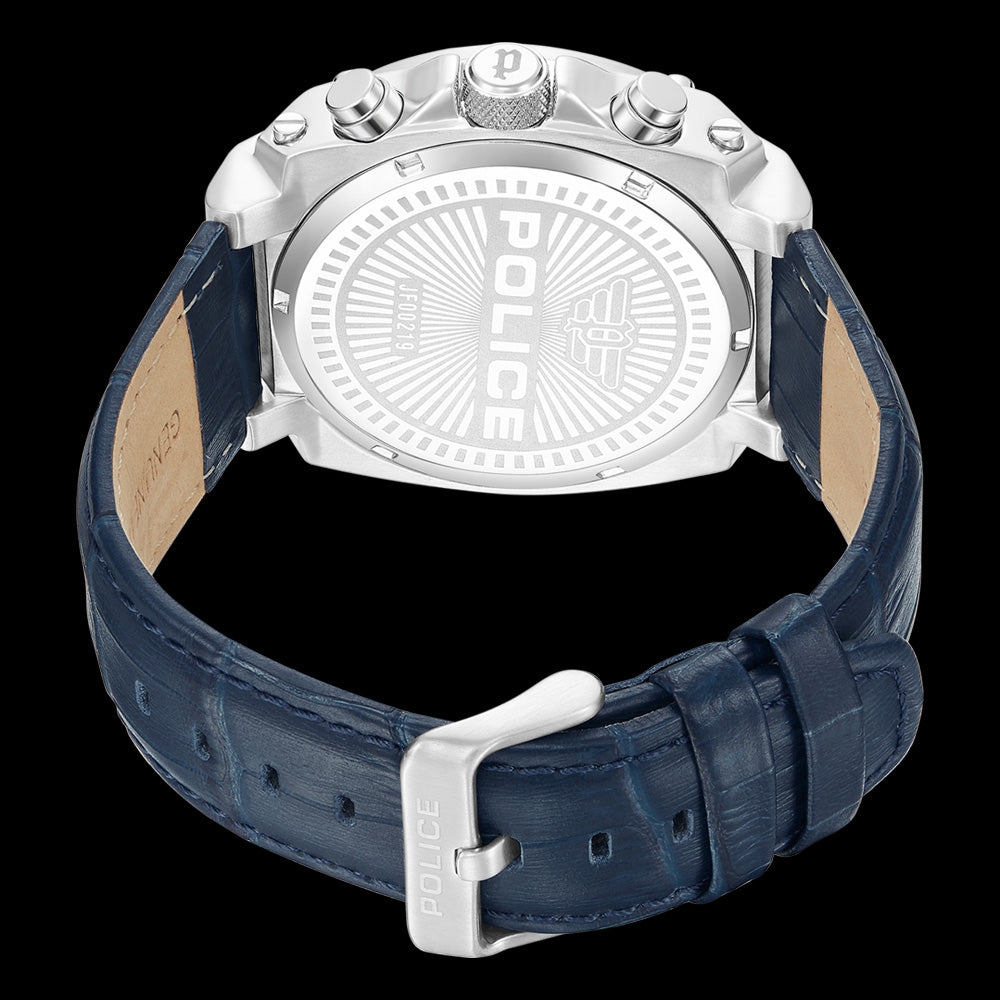 POLICE NORWOOD SILVER BLUE LEATHER MEN'S WATCH - BACK VIEW
