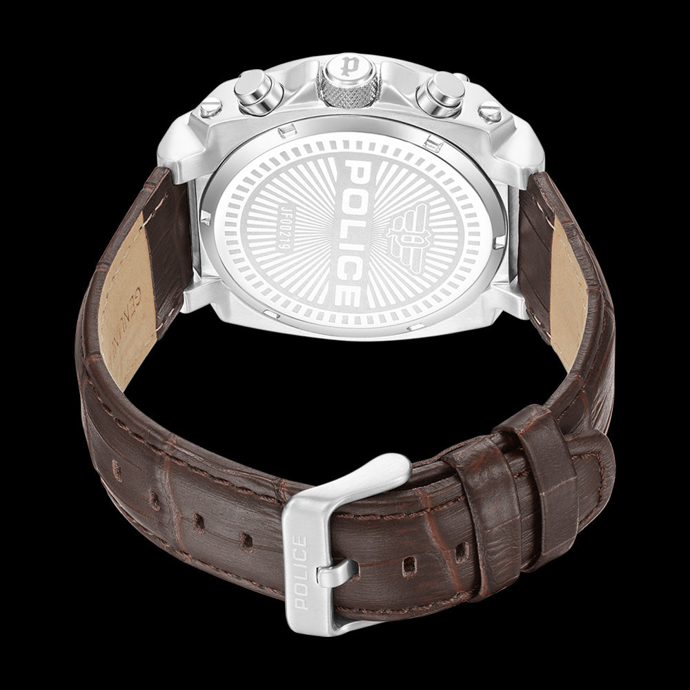 POLICE NORWOOD SILVER BROWN LEATHER MEN'S WATCH - BACK VIEW