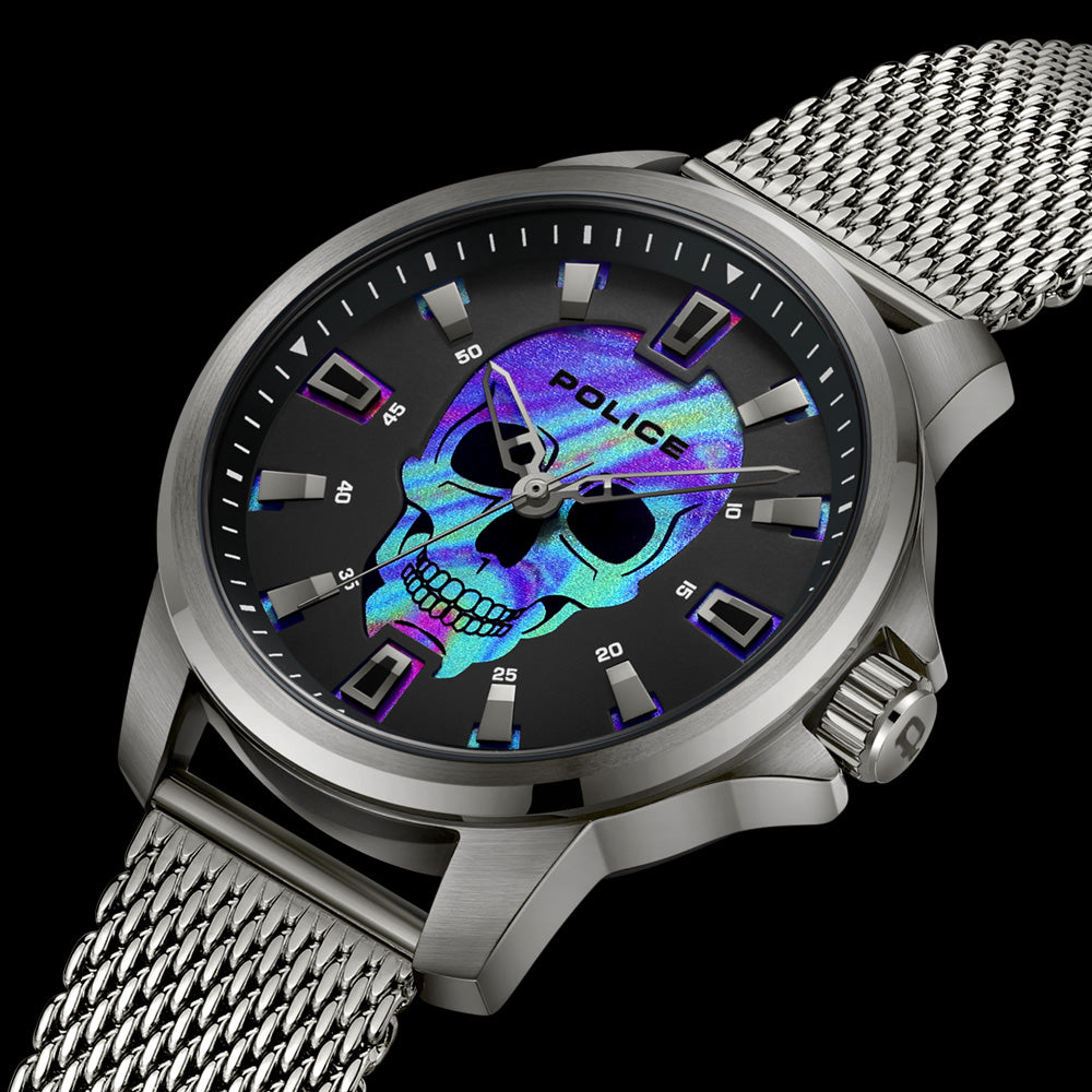 POLICE MENSOR GUNMETAL BLACK SKULL DIAL MEN'S WATCH - ANGLE VIEW