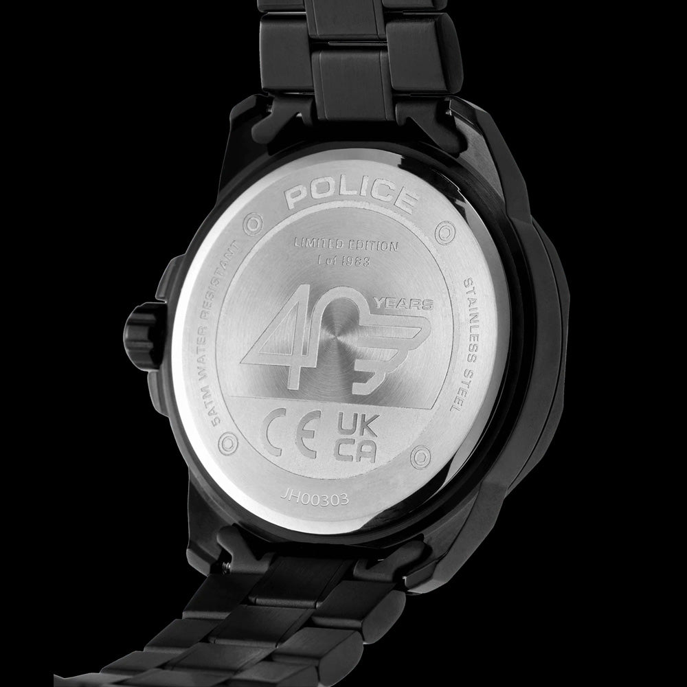POLICE 40TH ANNIVERSARY MEN'S WATCH & WALLET BOX SET - WATCH BACK VIEW