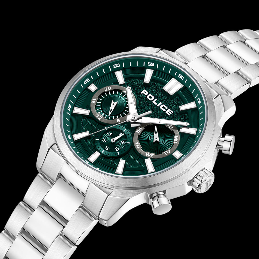 POLICE RANGY SILVER GREEN DIAL MEN'S WATCH - ANGLE VIEW
