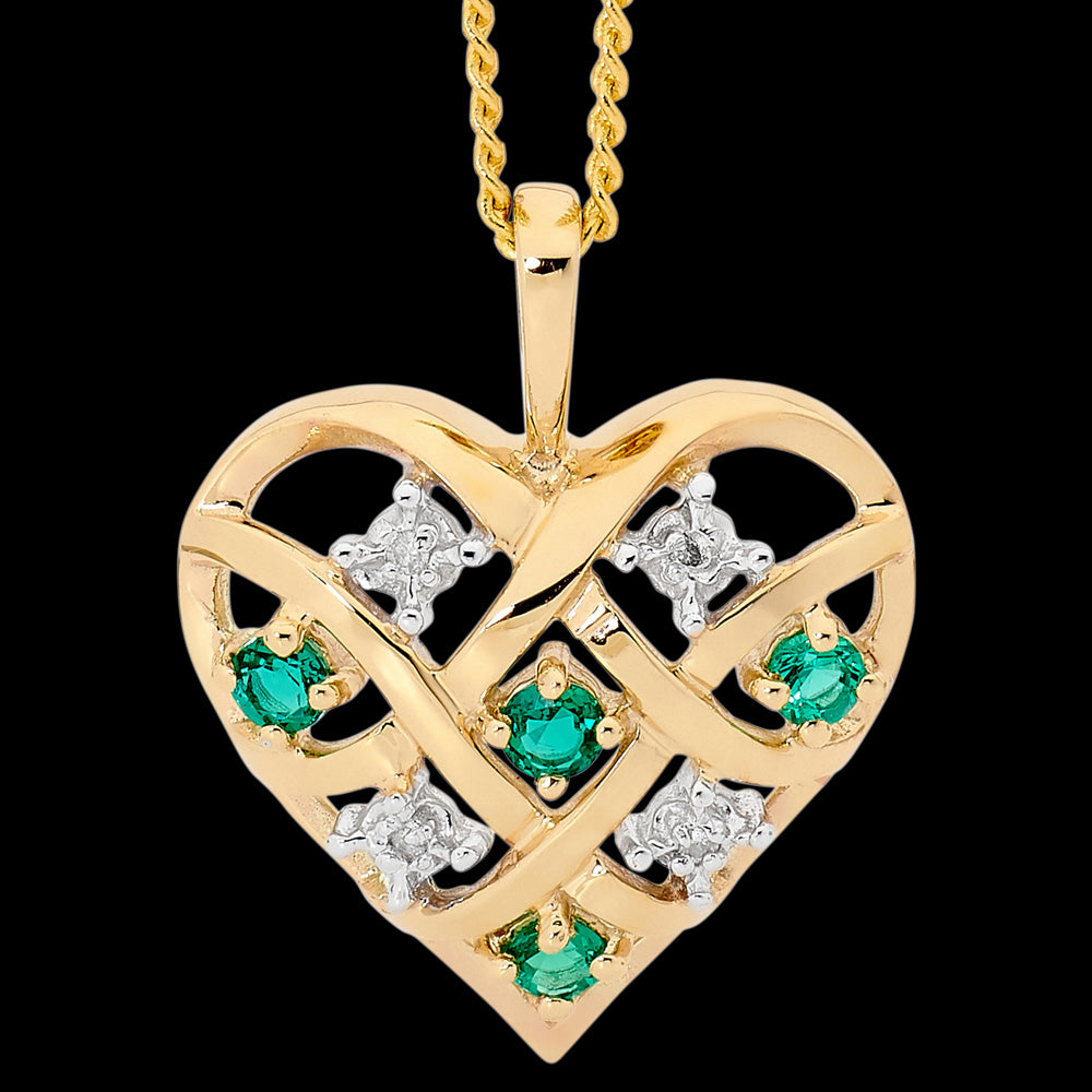 9 KARAT GOLD DIAMOND & EMERALD DREAMWEAVER HEART NECKLACE