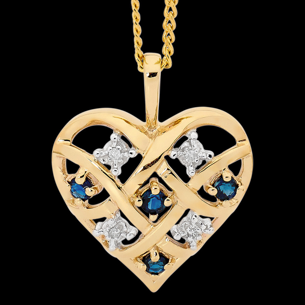 9 KARAT GOLD DIAMOND & SAPPHIRE DREAMWEAVER HEART NECKLACE