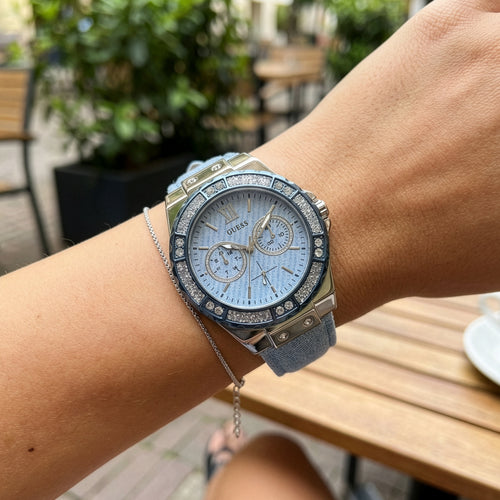Woman Wearing Guess Limelight Sky Blue Denim Chambray Ladies Sport Watch