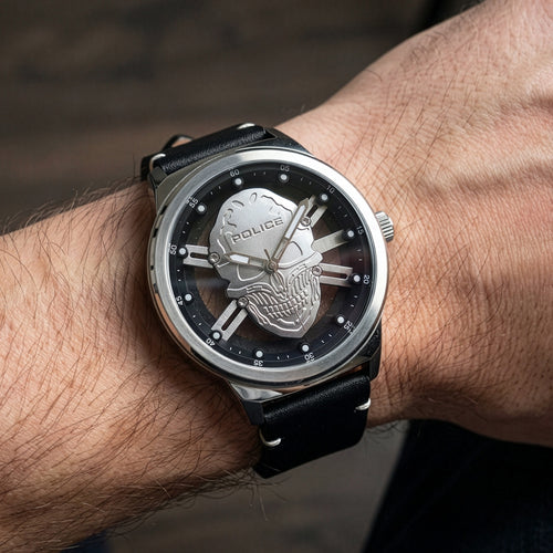 Man Wearing Police Skull Predator Men's Silver Dial Black Leather Watch