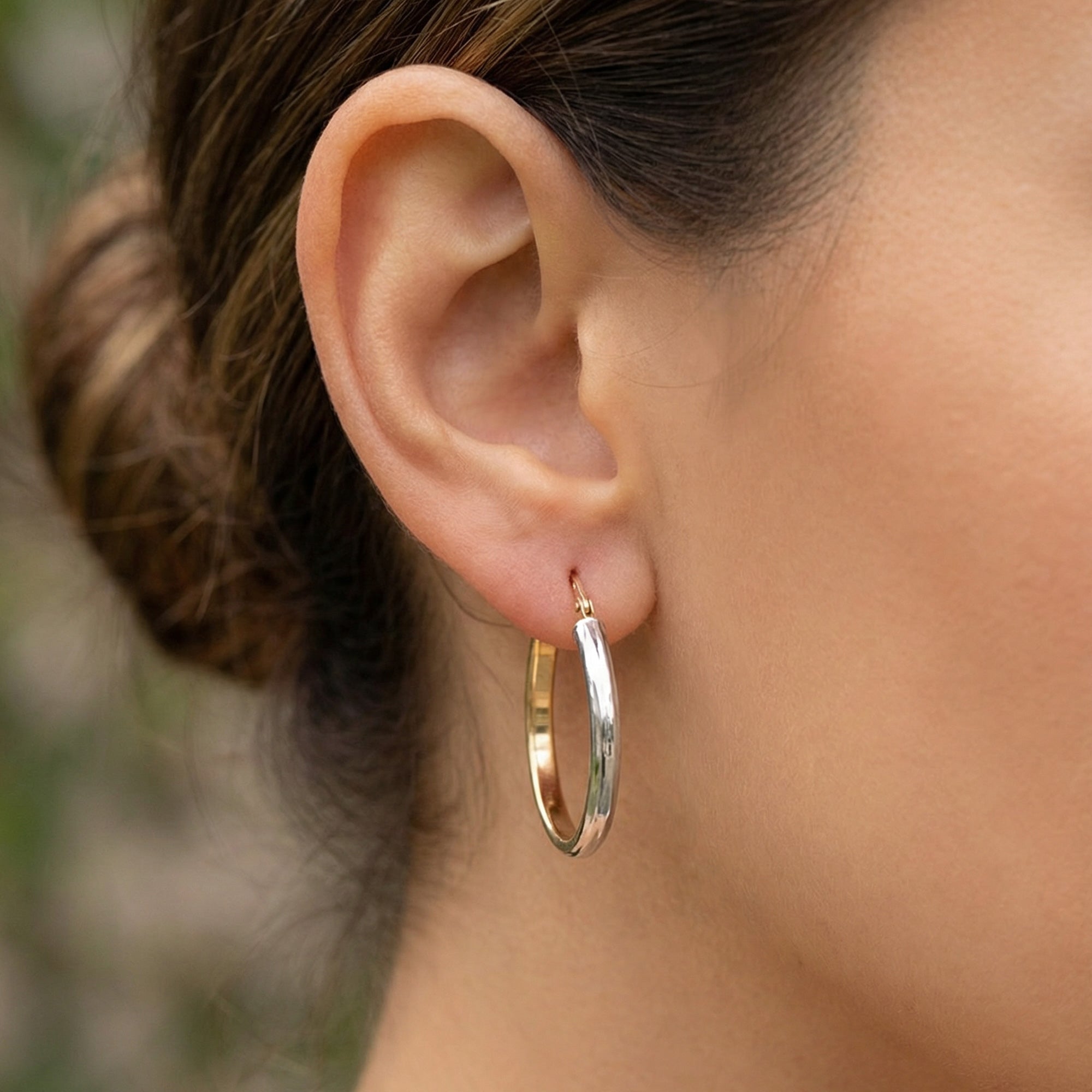 Tesoro Italian 9 Carat Yellow & White Gold Hoop Earrings In Woman's Ear