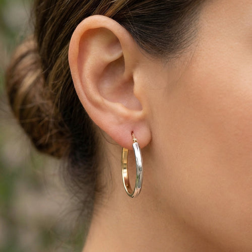 Tesoro Italian 9 Carat Yellow & White Gold Hoop Earrings In Woman's Ear