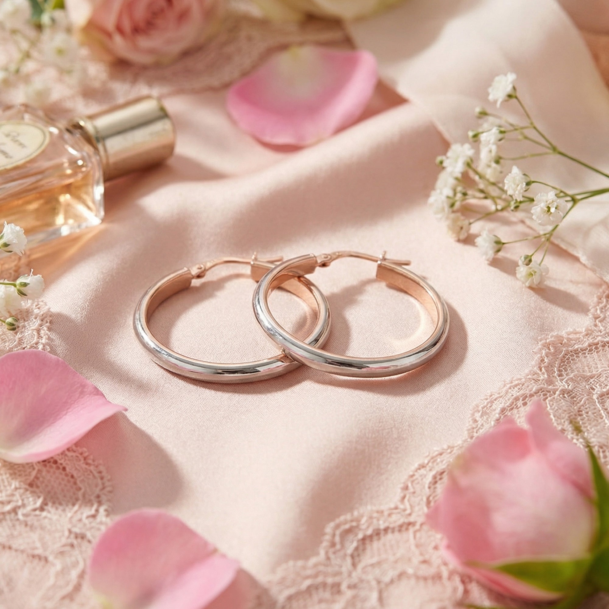 Tesoro Italian 9 Carat Rose & White Gold Hoop Earrings On Fabric