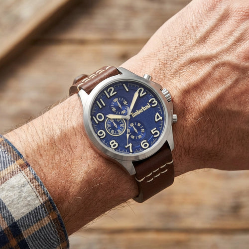 Man Wearing Timberland Brenton Blue Dial Brown Leather Watch