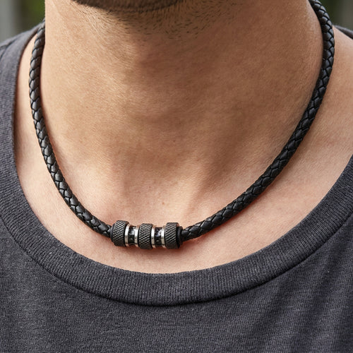 Man Wearing Black Leather Braided Men's Bead Necklace