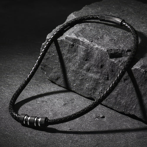 Black Braided Leather Men's Bead Necklace | Save Brave Australia