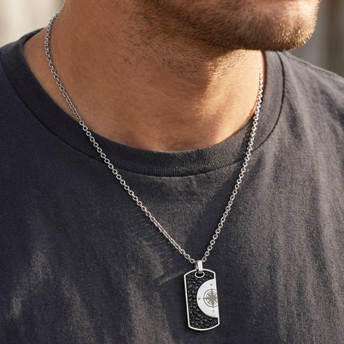 Man Wearing Compass Dog Tag Stainless Steel Necklace