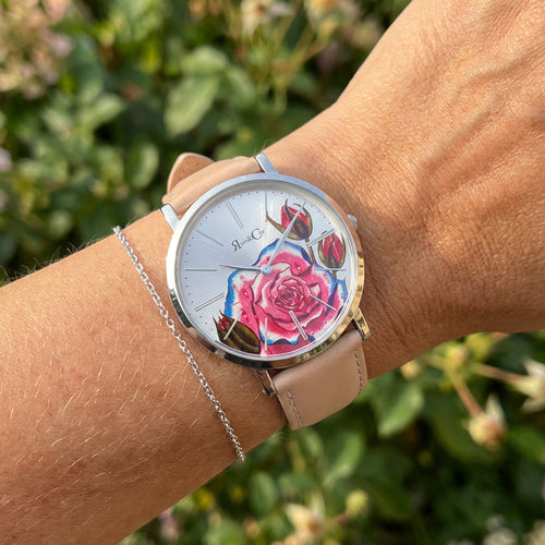 Woman Wearing Rose & Coy Art Series Pink Rose 40mm Silver Peach Watch