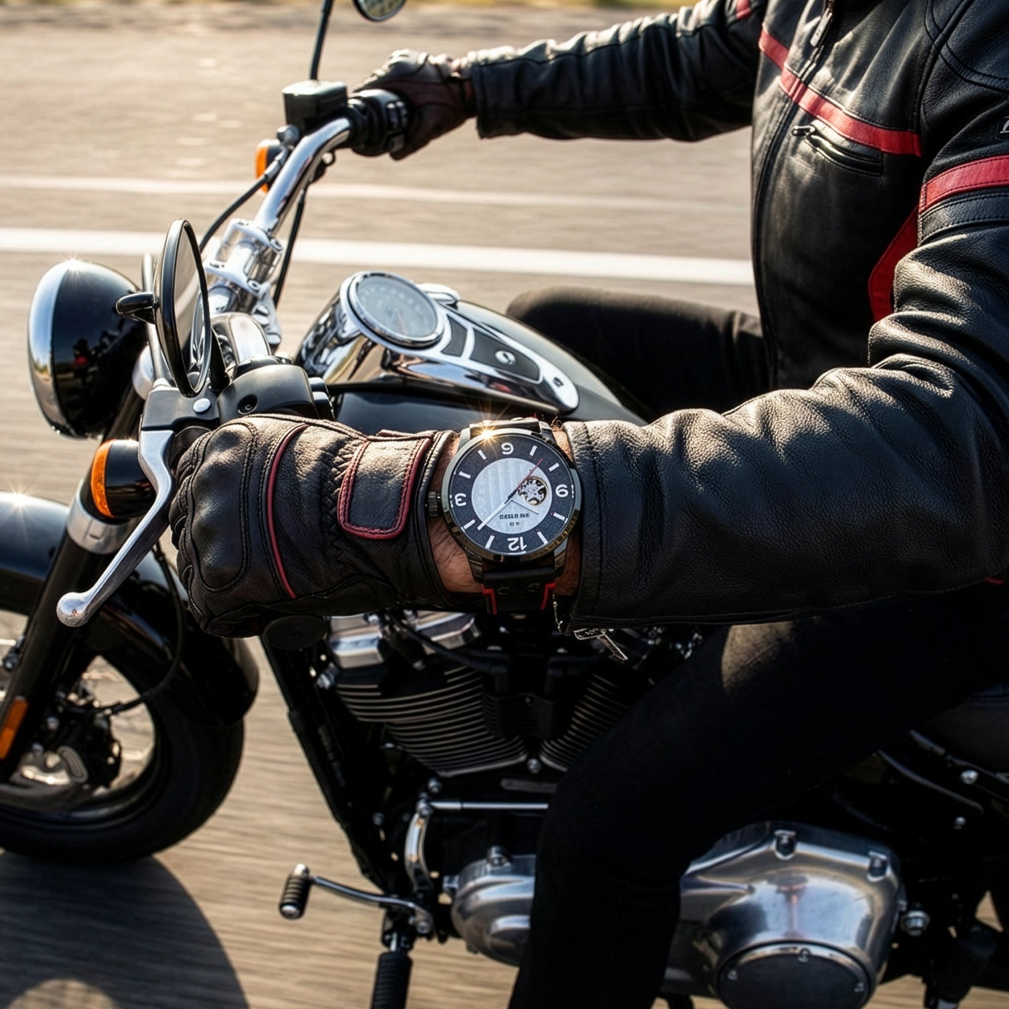 Close Up Motorcycle Rider Wearing TW Steel Son Of Time Supremo Limited Edition Watch MST6