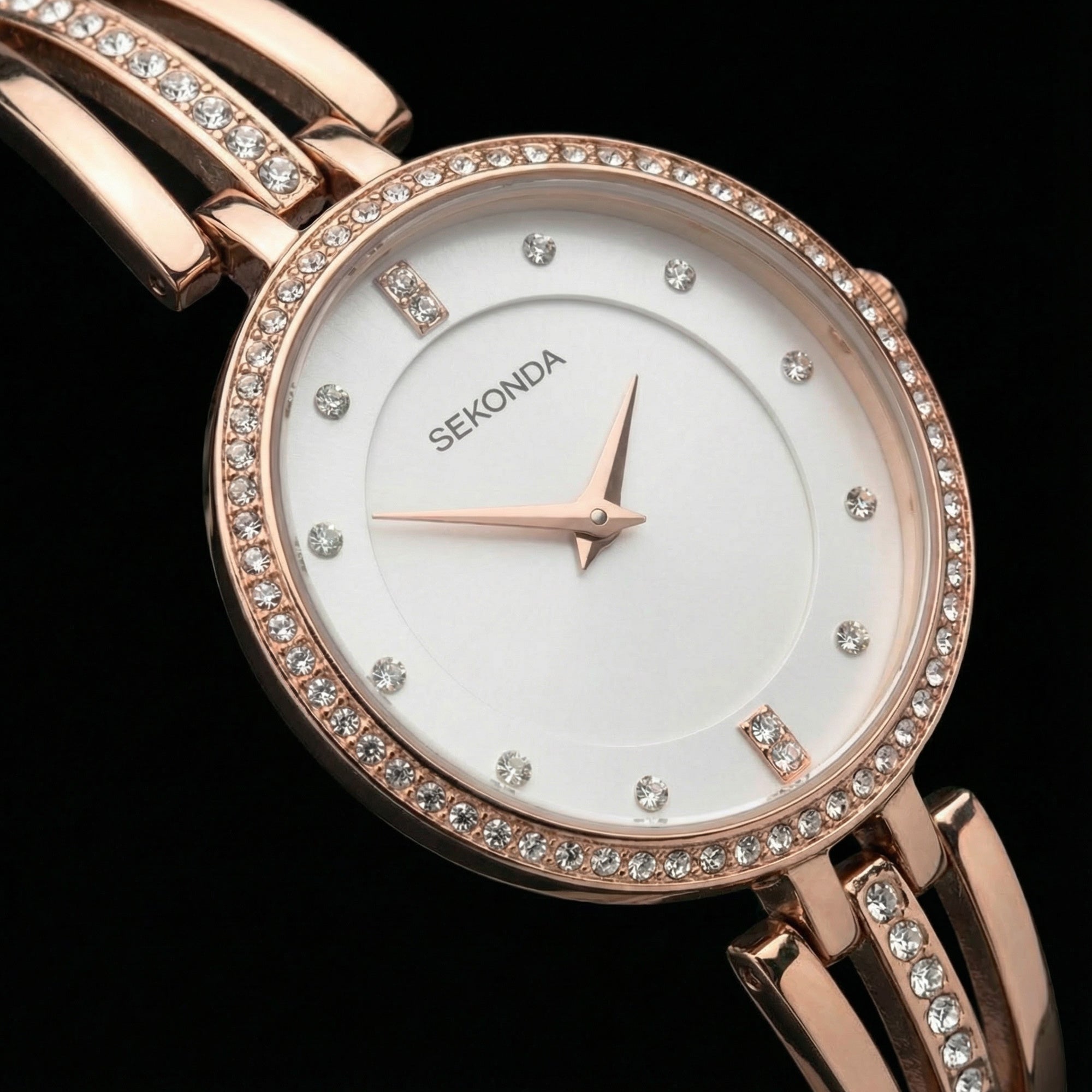 Sekonda Ladies Rose Gold Gem Bracelet Watch Close Up