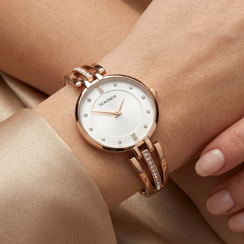 Woman Wearing Sekonda Ladies Rose Gold Gem Bracelet Watch