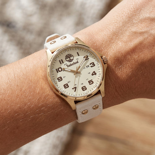 Woman Wearing Timberland Alstead Gold Sand Dial Leather Strap Watch