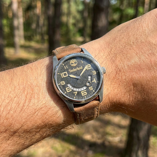 Man Wearing Timberland Lemington Silver Black Dial Tan Leather Watch
