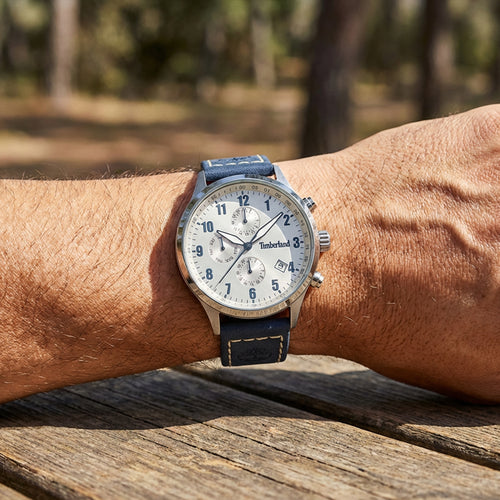 Man Wearing Timberland Men's Stoughton Silver Dial Blue Leather Watch