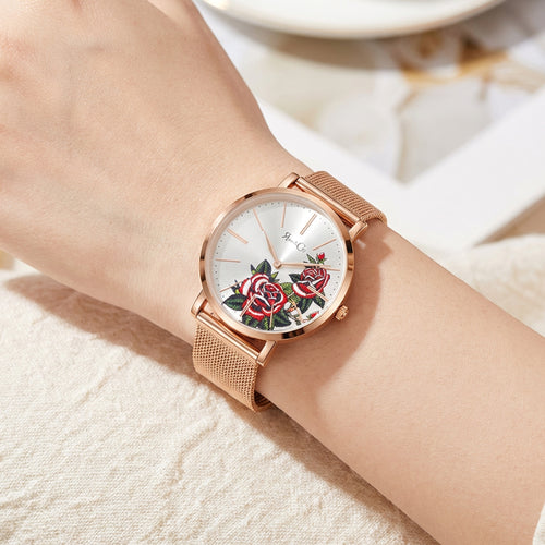 Woman Wearing Rose & Coy Art Series Red Rose 40mm Rose Gold Mesh Watch
