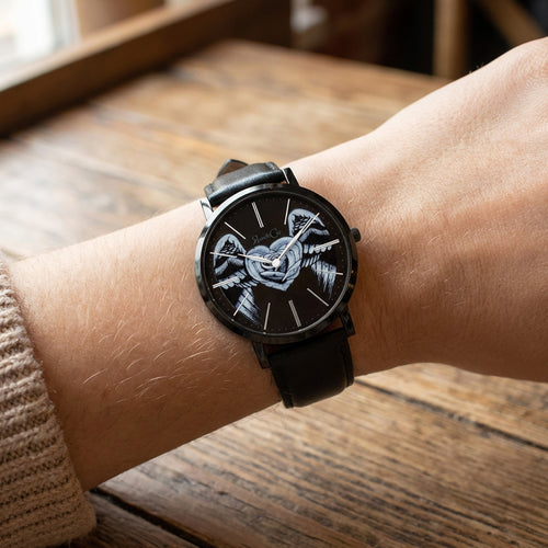 Woman Wearing Rose & Coy Midnight Winged Rose Heart 40mm Black Watch