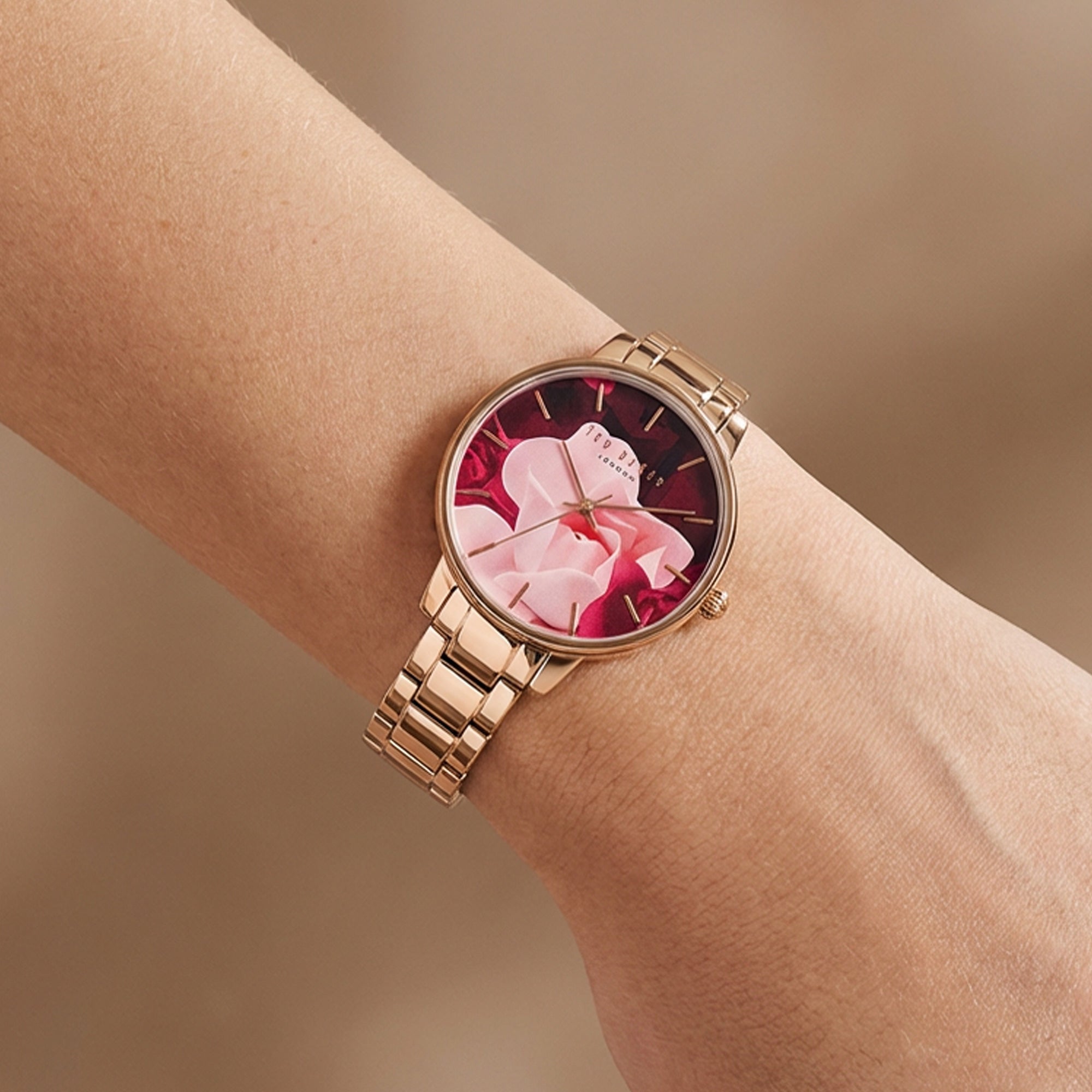Woman Wearing Ted Baker Brook Rose Gold Red Rose Floral Dial Watch