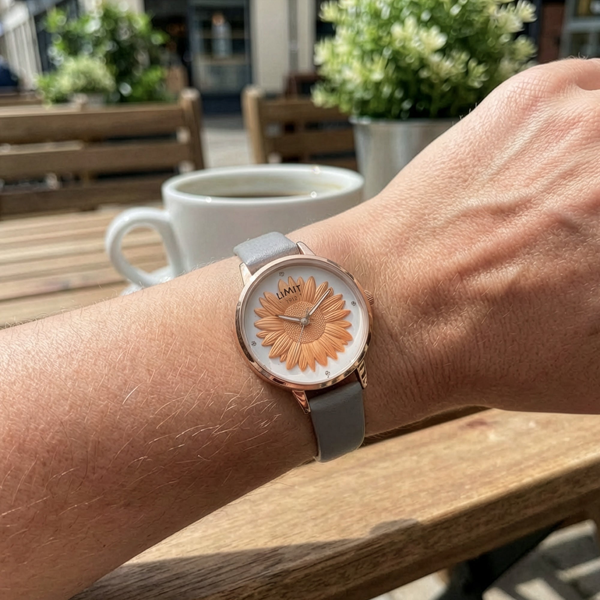 Woman Wearing Limit Secret Garden Sunflower Dial Rose Gold Leather Watch