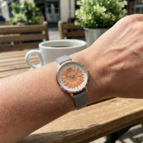 Woman Wearing Limit Secret Garden Sunflower Dial Rose Gold Leather Watch