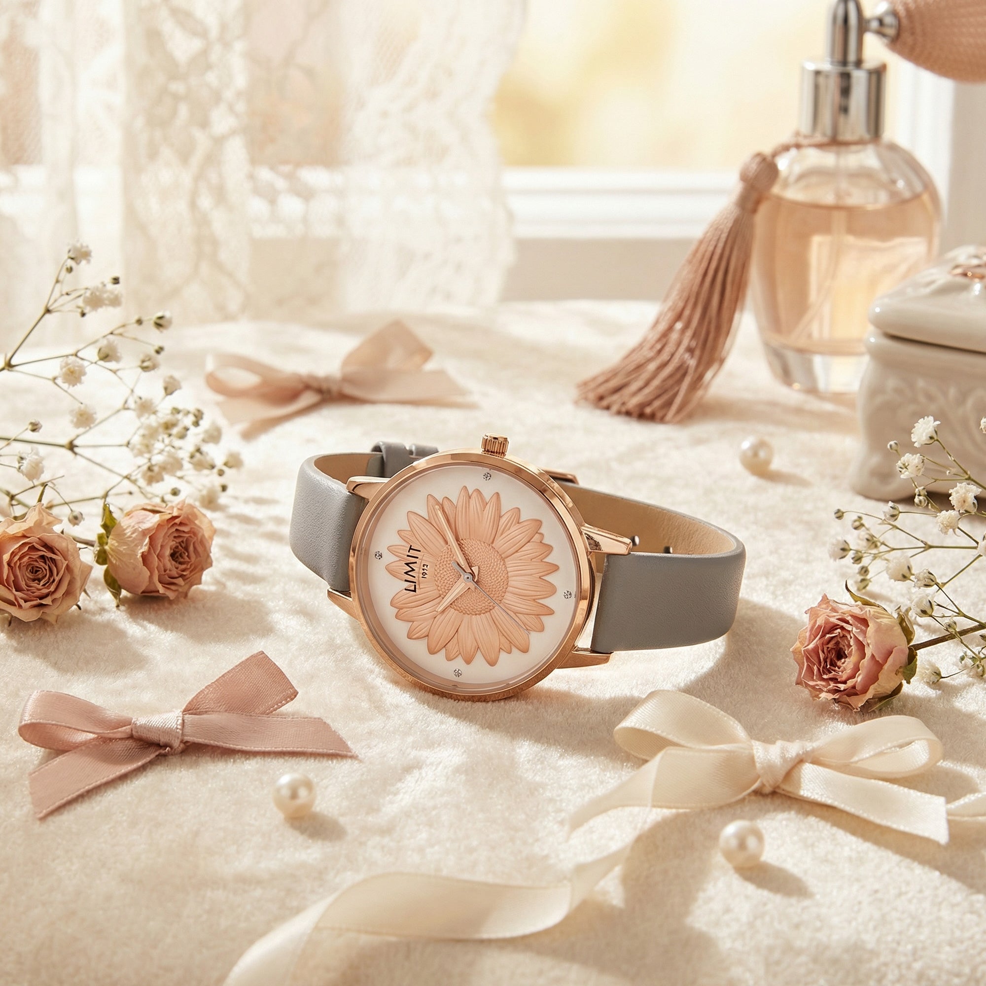 Limit Secret Garden Sunflower Dial Rose Gold Leather Watch On Dressing Table