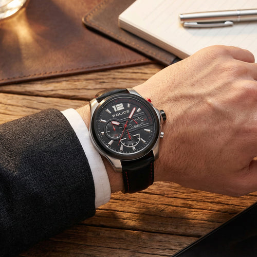 Man Wearing Police Denver Black Leather Watch