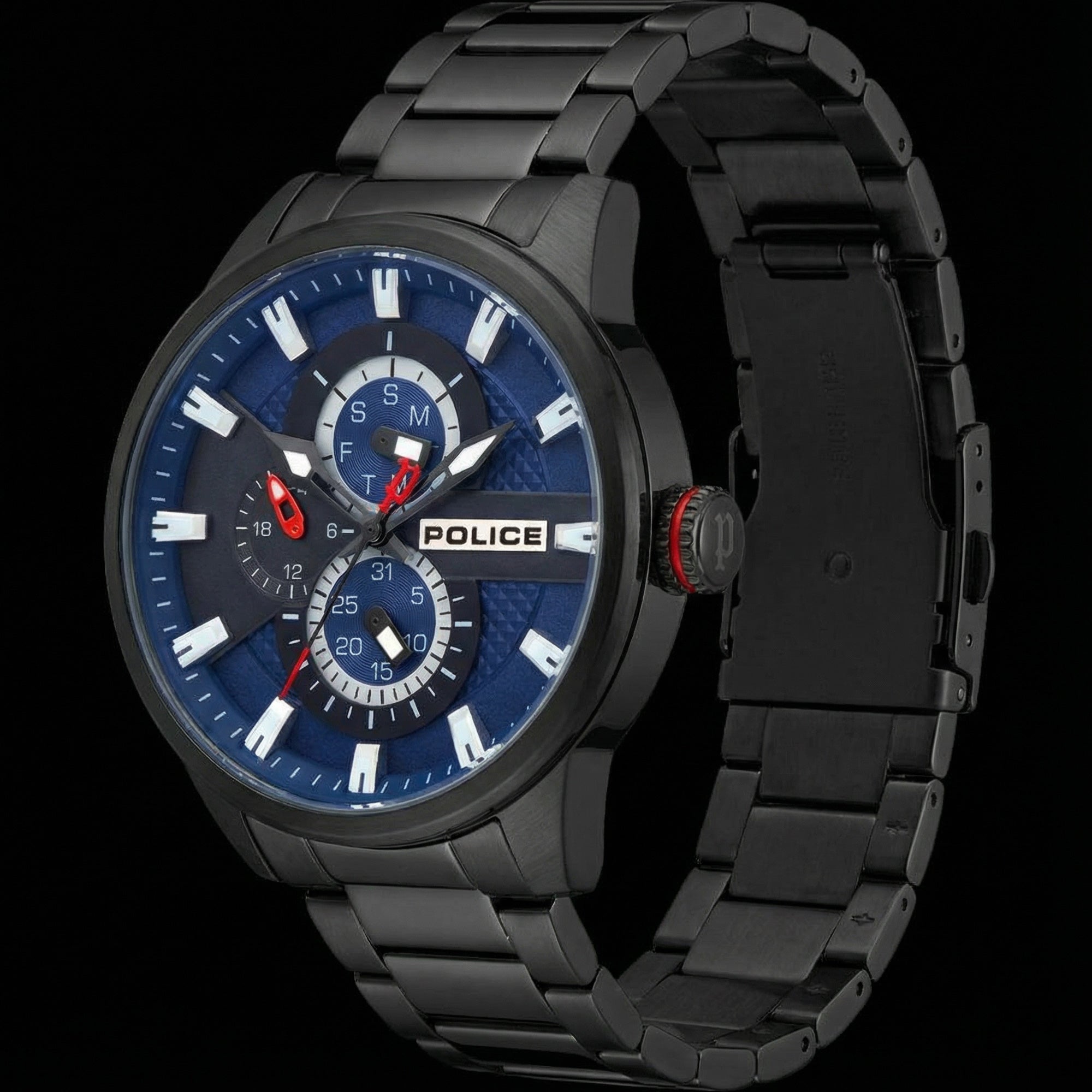 Side Tilt Police Lincoln Blue Dial Black Men's Watch