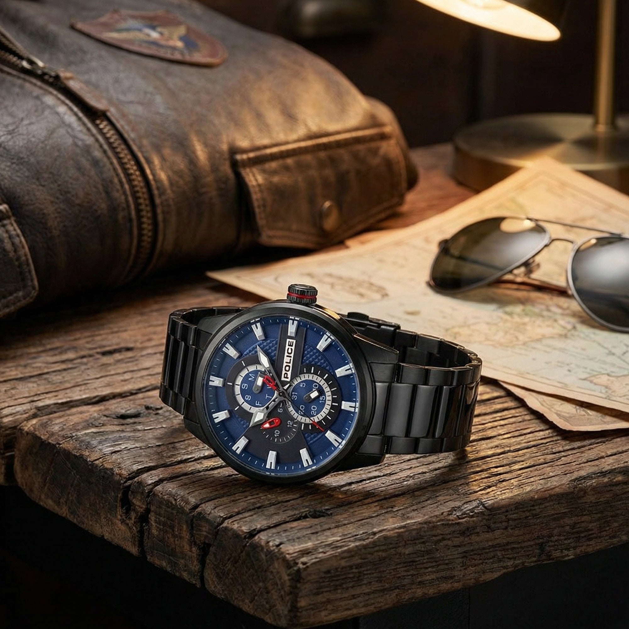 Police Lincoln Blue Dial Black Men's Watch On Wooden Table With Leather Jacket & Glasses